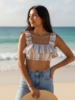 Tularosa Penelope Multi Striped Printed Cropped Top Ruffle Beach S New